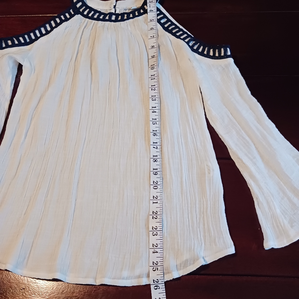 Mine Cutout shoulder blouse long sleeve size S white blue - Picture 6 of 13